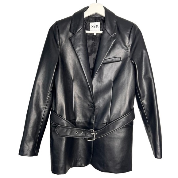 Zara Faux Leather Single Button Belted Blazer Jacket Black Women's Sz XS - Picture 1 of 5